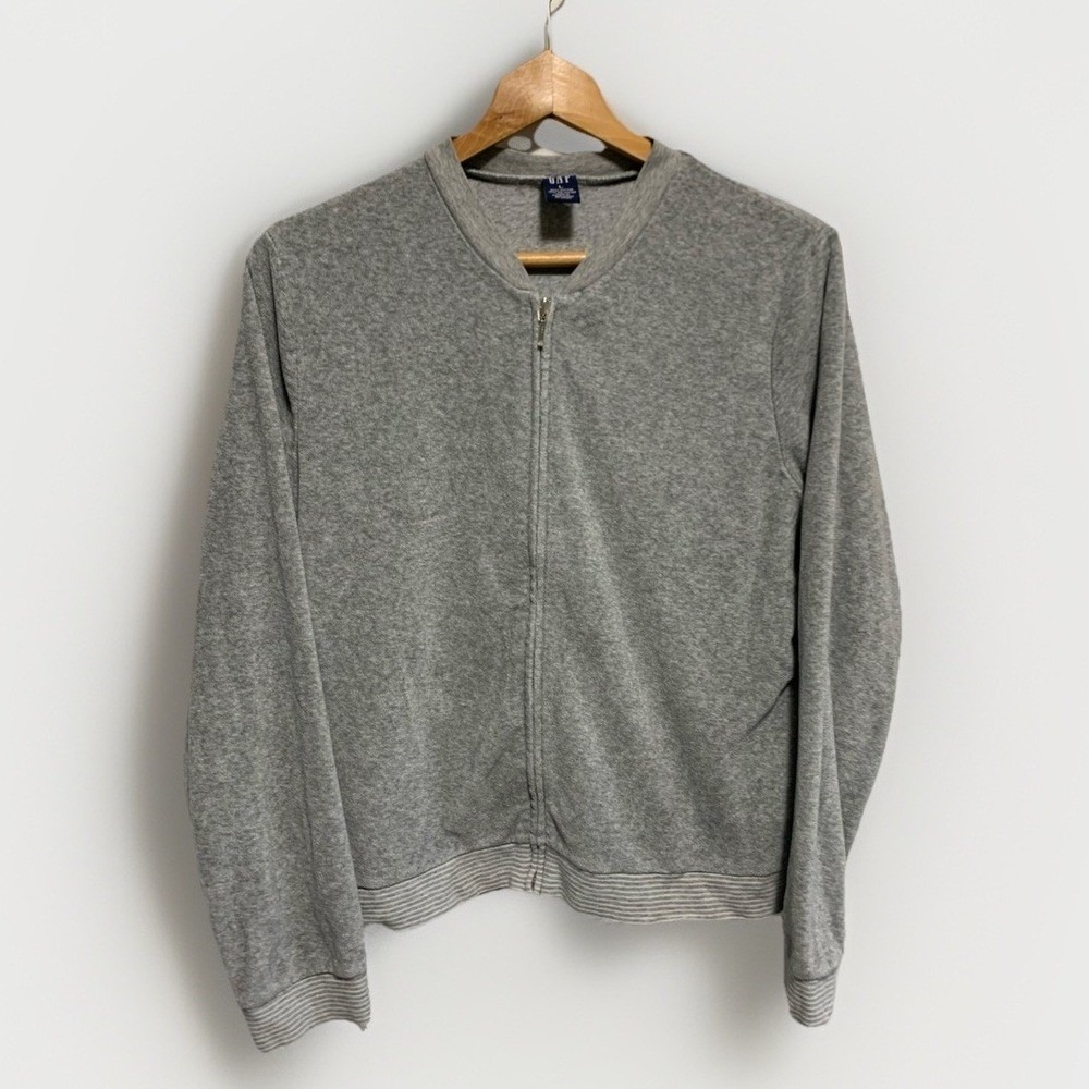 GAP Zip Up Cardigan Large Gray Terry Cloth Striped Trim Bomber Jacket Normcore